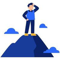 Adventurous explorer reaching a mountain summit while enjoying the vast scenic view under clear sky vector