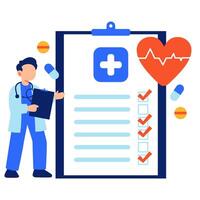 A doctor presenting a health checklist featuring heart and medical symbols, representing care and wellness vector