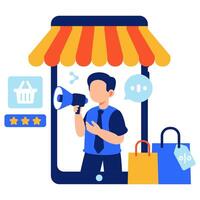 A vibrant illustration featuring digital marketing in e-commerce, with a salesperson promoting products via smartphone vector
