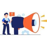 Person making a loud announcement using a megaphone with alert symbol to grab public attention vector