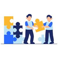 Collaborative teamwork as two children assemble colorful puzzle pieces with joy and creativity in a playful setting vector