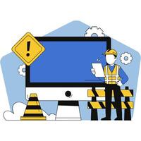 Under Construction Digital Construction Zone with Worker and Warning Sign vector