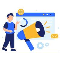 A vibrant digital marketing scene featuring a marketer with a megaphone and analytics elements for impactful communication. vector