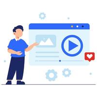Interactive multimedia presentation featuring a play button to highlight engagement, technology, and digital content vector