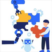 Human and Robot Collaborating on Automation Process with Puzzle Integration Concept in a Modern Digital Environment vector