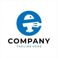 Food logo design that combines the letter e with a fish and fork, using the color blue. vector