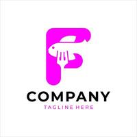 Food logo design that combines the letter f with a fish and a fork, using the color purple. vector