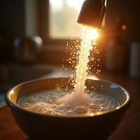 Pouring Granules into Bowl Creating Sparkles with Warm Sunlight photo