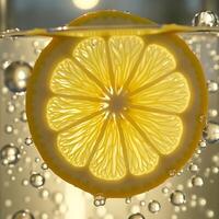 Lemon Slice Floating in Water with Bubbles Refreshing Close-Up photo