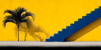 Palm Tree Shadow Blue Staircase Yellow Wall Minimalist Photography photo