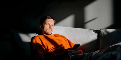 Man Sitting on Couch Using Smartphone Sunlight Shadow photo