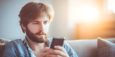 Young Man with Beard Using Smartphone at Home Sitting on Couch photo