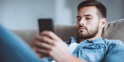 Man Relaxing on Couch Using Smartphone Casual Denim Shirt photo