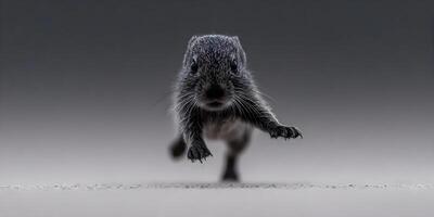 Small Dark Gray Rodent Running Towards Camera Blurred Background photo