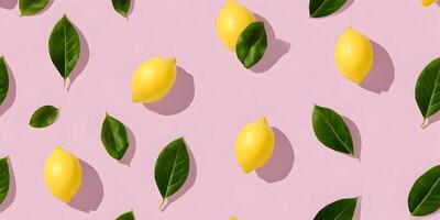 Pink Background Lemon Pattern with Green Leaves photo