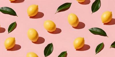 Pink Background Lemon Pattern Lemons and Leaves Bright Yellow Citrus Fruit Summer Pattern photo