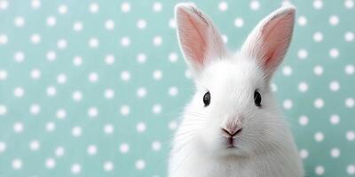 Cute White Bunny Rabbit on Teal Polka Dot Background Easter Spring Animal photo