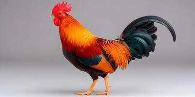 Rooster with Orange and Teal Feathers Standing on Gray Background photo