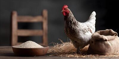 Barnyard Hen with Quinoa Grain in Wooden Bowl and Burlap Sack Rustic Farm Setting photo