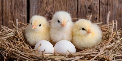 Three Cute Baby Chicks in Nest with Eggs Wooden Background photo