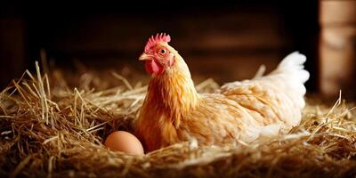 Hen Sitting on Nest with Fresh Egg in Hay Barn Setting photo