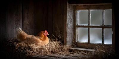 Light Brown Hen Sitting in Hay Nest by Old Wooden Window photo