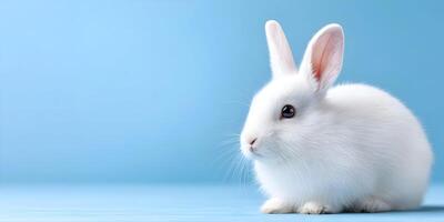 a white rabbit is sitting on a blue background photo