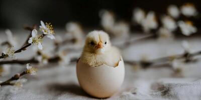 Cute Baby Chick in Eggshell with Spring Blossoms photo