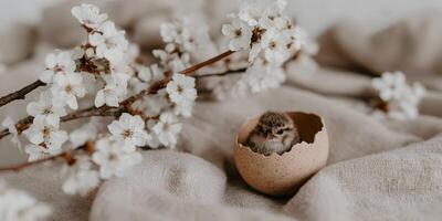 Cute Baby Bird in Eggshell Nestled in Spring Blossoms on Beige Fabric photo
