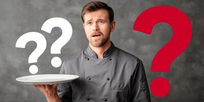 Confused Chef Holding Empty Plate with Question Marks photo