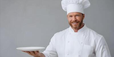 Smiling Male Chef in White Uniform Holding Empty Plate Grey Background photo