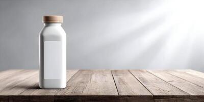White Plastic Bottle with Wooden Cap on Wooden Table Mockup photo