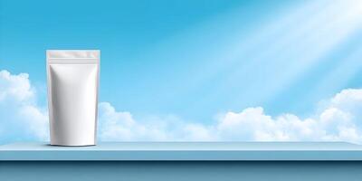Blank White Stand Up Pouch Mockup on Blue Shelf Against Cloudy Sky Background photo