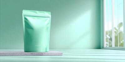 Mint Green StandUp Pouch Packaging Mockup on Light Green Background photo