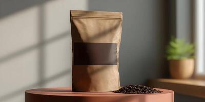 Brown Paper Coffee Bag Mockup with Coffee Beans on Table photo