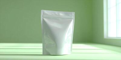 White Stand Up Pouch Packaging Mockup on Green Background photo