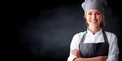 Smiling Female Chef in Gray Apron and Hat Dark Background photo