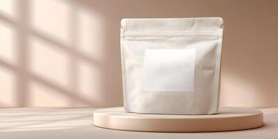 Beige StandUp Pouch Bag Mockup with Blank Label on Neutral Background photo
