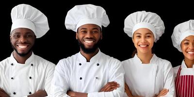 Four Smiling Diverse Chefs in White Uniforms and Hats photo