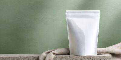 White Stand Up Pouch Mockup on Green Background photo