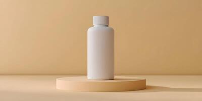 a white bottle of shampoo on a stand photo
