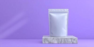 Blank White Stand Up Pouch on Marble Display Purple Background photo
