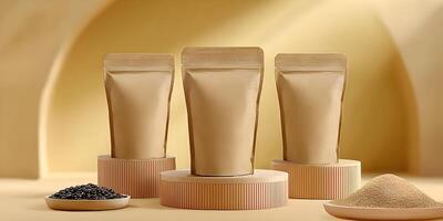 Three Kraft Paper Pouches on Wooden Platforms Coffee Beans and Powder Mockup photo