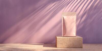 Pink Pouch Mockup on Beige Stone Podium with Sunlight and Palm Shadows photo