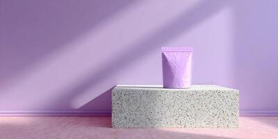 Purple Stand Up Pouch on Terrazzo Block Minimal Product Display Mockup photo