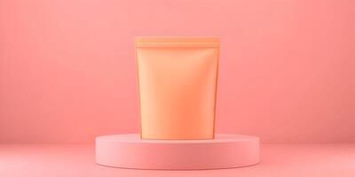 Peach Colored Stand Up Pouch Mockup on Pink Background photo