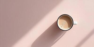 Top View Latte Coffee Cup Pink Background Sunlight Shadow photo