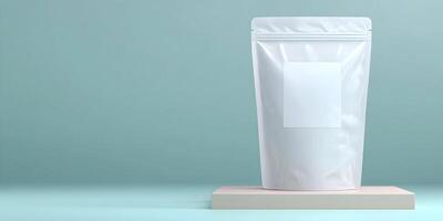 White Stand Up Pouch Packaging Mockup Blank Label Light Teal Background photo