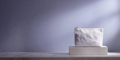 White Canvas Zipper Pouch on Light Stone Block Minimal Product Photography photo