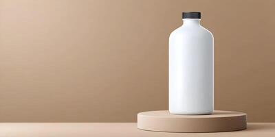 White Bottle Mockup on Beige Platform Minimalist Product Presentation photo